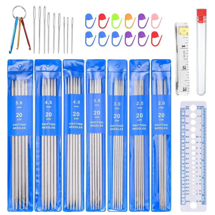 woshilaoDS 35pcs Double Pointed Knitting Needle Sets, 20 cm/7.8 inch Stainless Steel Metal Knitting Needles with Double Ended for Beginner, Sock Knit