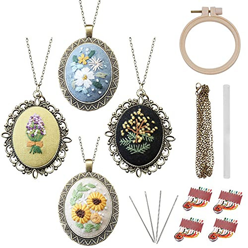 ZOCONE 4 Packs Embroidery Necklace Kits, Embroidery Pendant Kit Mini Cross Stitch Kit with Hoop, Necklace, Pendant, Stamped Pattern Cloth, Instructio