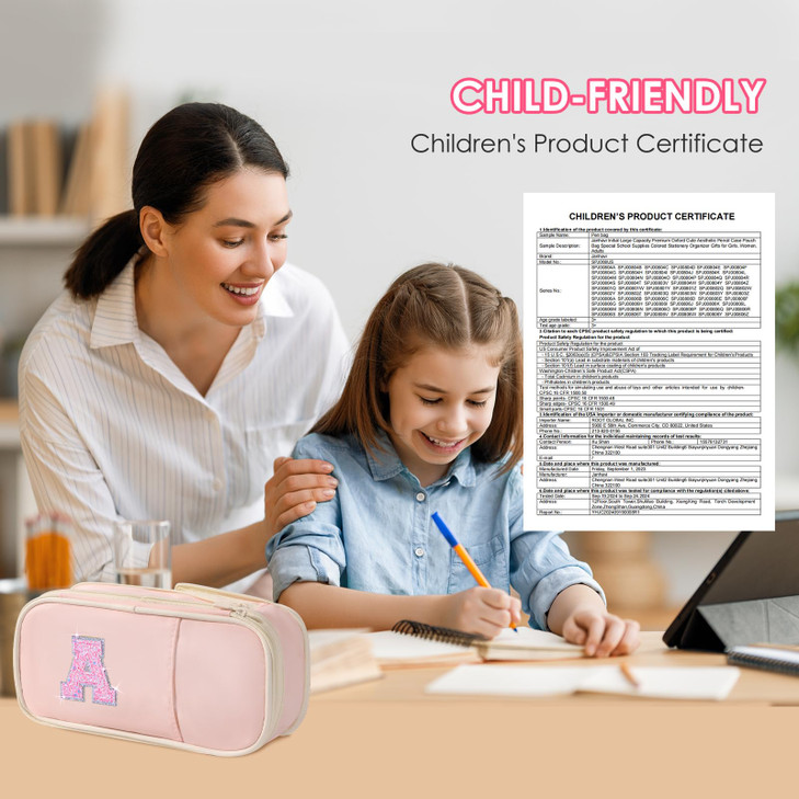 Janhavi Preppy Pencil Case for School Supplies, Initial Large Pink Penicl Case for Nursing Bag, Cute Pencil Pouch Bag for Office,Birthday Gifts for 6