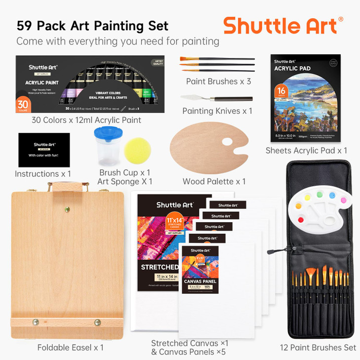 Shuttle Art Acrylic Painting Set, 59 Pack Professional Painting Supplies with Wood Tabletop Easel, 30 Colors Acrylic Paint, Canvas, Brushes, Palette,