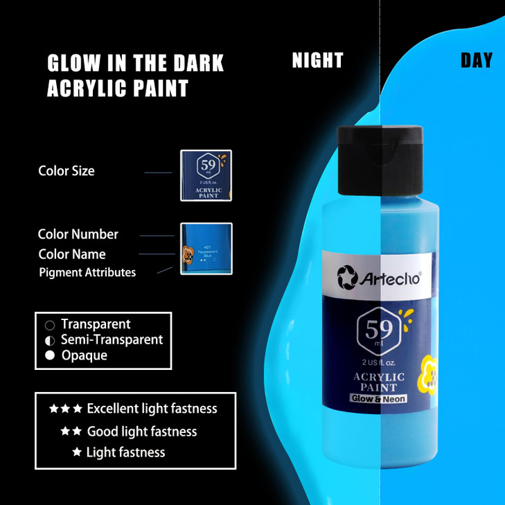 Artecho Glow in the Dark Paint 6 Colors, 60 ml / 2 oz Acrylic Paint for Decoration, Art Painting, Outdoor and Indoor Art Craft, Supplies for Canvas,