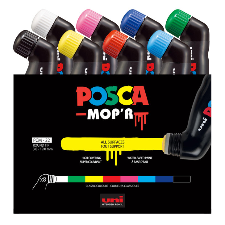 uni® POSCA MOP'R PCM-22 Water-Based Paint Markers, Round Tip (3.0-19.0mm), Assorted Colors, 8 Pack