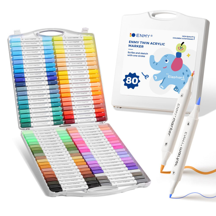 ENMY Acrylic Paint Marker Pens, 80 Colors Dual Tip Acrylic Markers with Portable Case for Art & Craft Supplies for Glass, Pottery, Ceramic, Rock, Can
