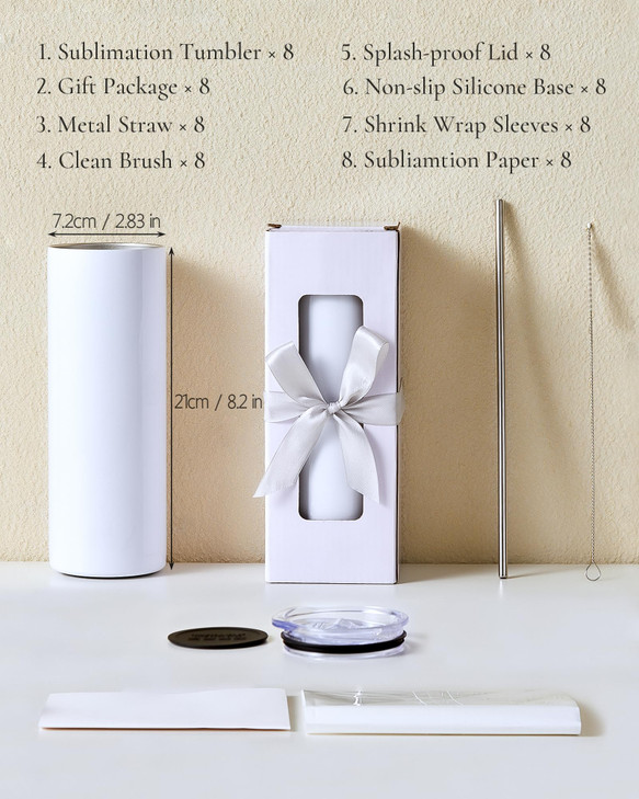 UIRZOTN 8 Pack 20oz Sublimation Tumbler Blanks Skinny Straight in Bulk, Stainless Steel Insulated Sublimation Tumbler with Polymer Coating for Heat T