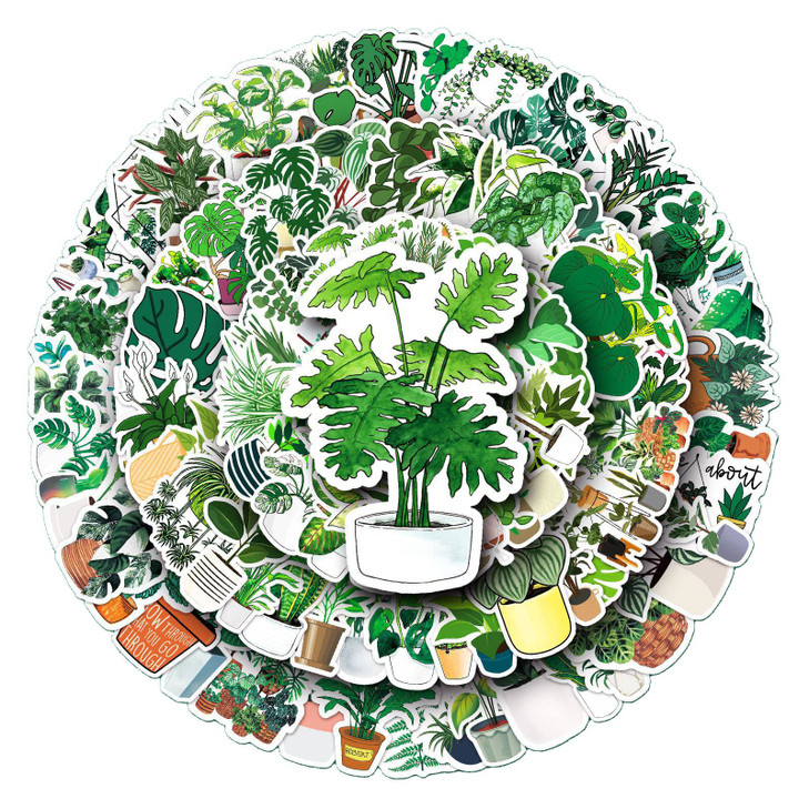 Green Plant Stickers 100 Pack - Waterproof Laptop & Phone Stickers, Skateboard & Scrapbook Decals - Botanical Designs for Teens & Adults