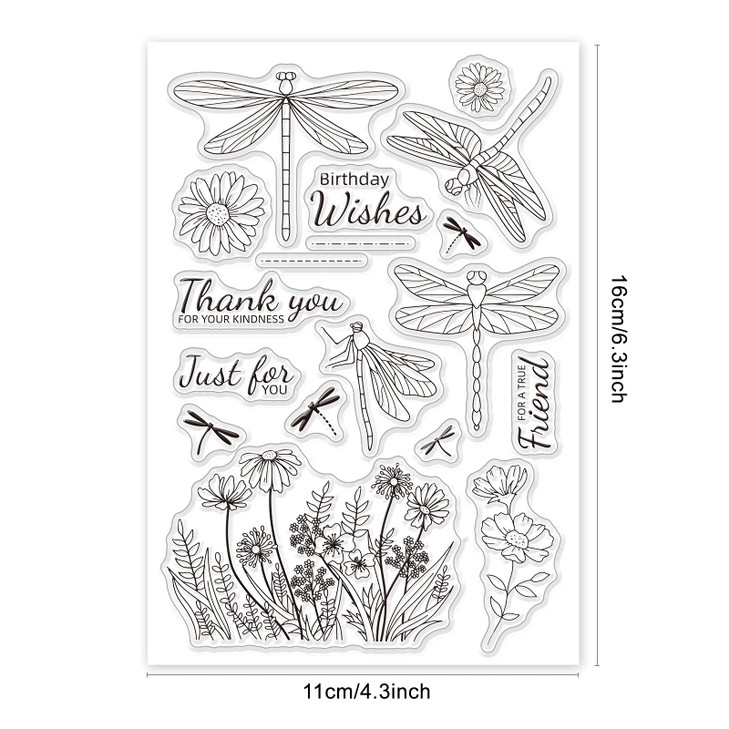 GLOBLELAND Happy Birthday Dragonfly Clear Stamps Transparent Silicone Stamp for Card Making Decoration and DIY Scrapbooking