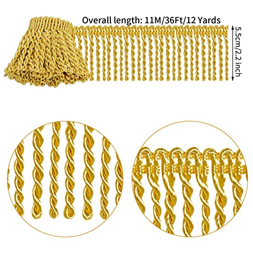 12 Yards Fringe Trim Curtain Fringes 2.5 Inch Wide Fabric Trims Tassel for Sewing Clothing DIY Crafts Home Decor (Gold)