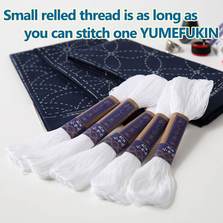Sashiko kit, Yokota Sashiko Thread, Needles and Template Yume Fukin with Original English Manual, Thimble Sewing Set, Fabric, Japanese Textile (White