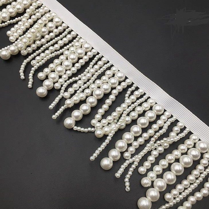 Yulakes 1 Yards White Black Long Pearl Fringe Beaded Lace Trim Pearl Pendant Tassels Garment Dress Tassel Fringe Lace Trim Decoration Shoes Ornaments