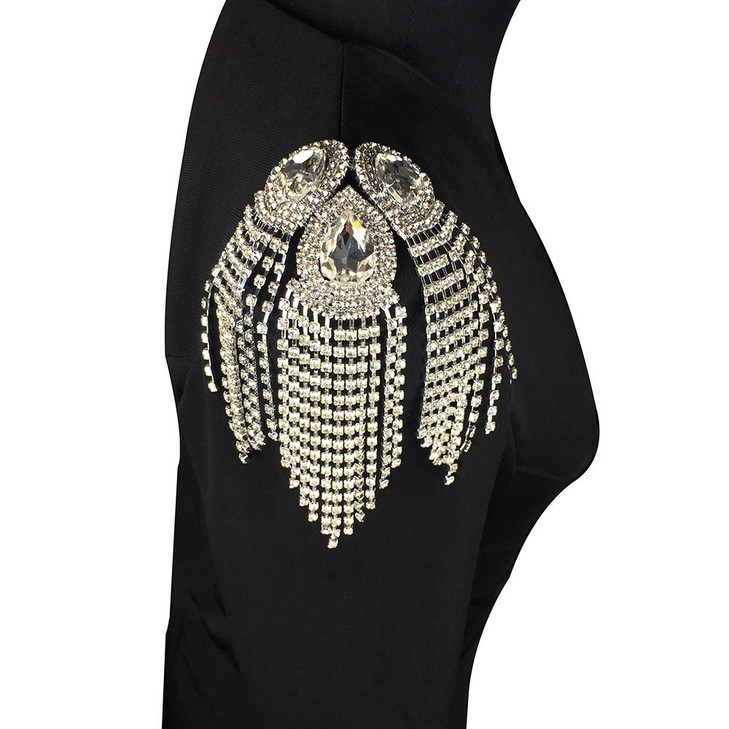 Beaded Diamond Waterdrop Design Patches Crystal Fringe Tassel Rhinestones Shoulder Badges Brooches Women Dress Applique 2piece