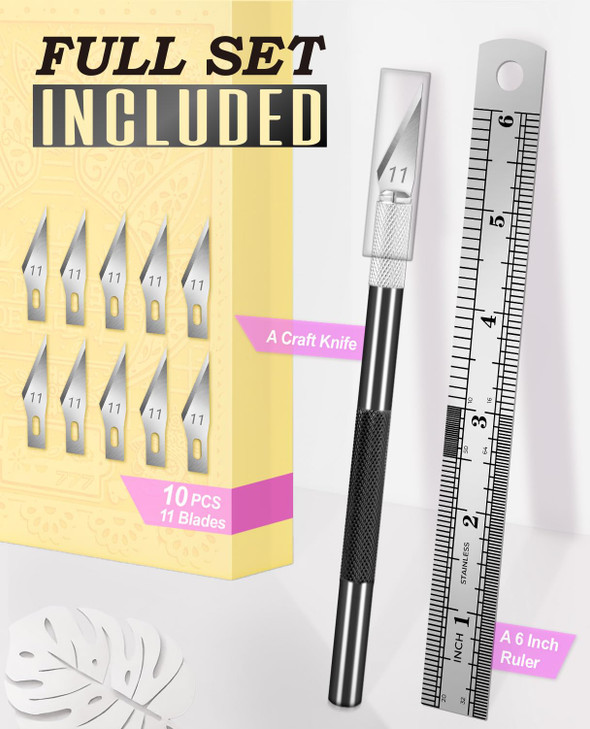 DIYSELF Craft Knife with 10 Extra #11 Blades, Precision Hobby Knife Set with Steel Ruler, Exacto Knife for Crafting, Polymer Clay, Pottery, Paper, Vi