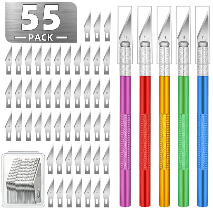 55 Pack Exacto Knife, Hobby Knife Set with 5 Craft Knives and 50 Precision Knife Blades(#11) for Art,Scrapbooking,Carving, DIY, Cutting, Stenciling b