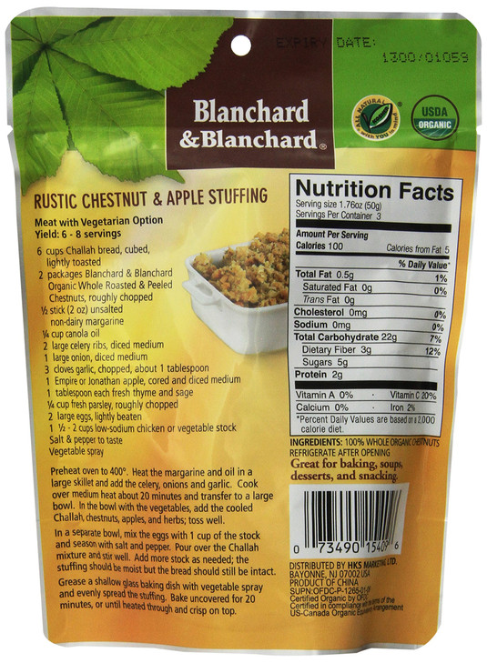 Blanchard & Blanchard Whole Organic Chestnuts Roasted & Peeled 5.29 OZ (3 Pack) Gluten Free, Keto, Low Carb