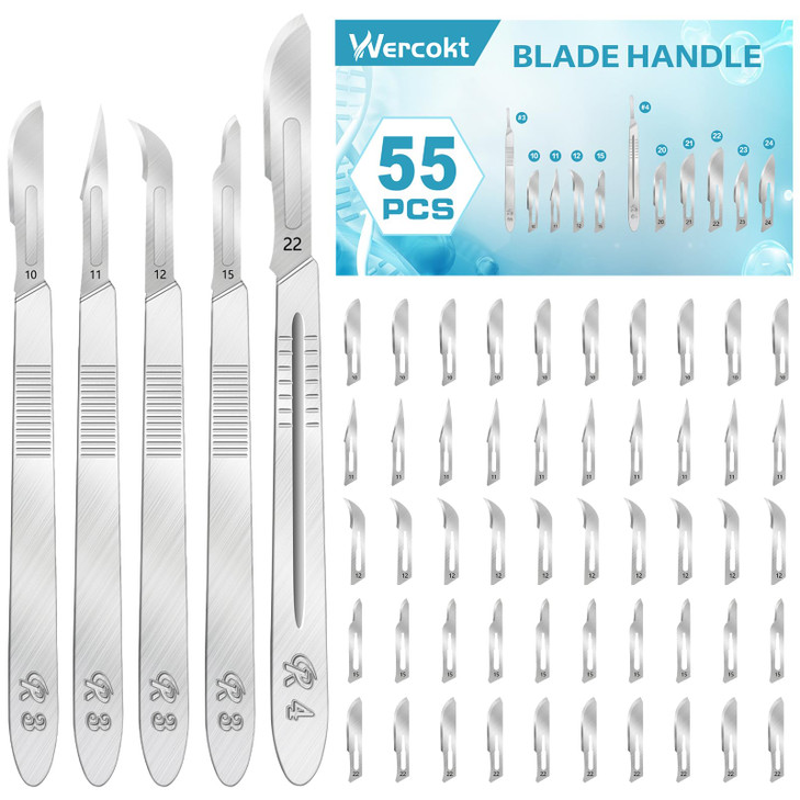 55PCS Surgical Blades Kit, 10#11#12#15#22 Sterile Blade for dermaplaning, Craft & More, Art Carving Blade with 5 Stainless Steel Handles
