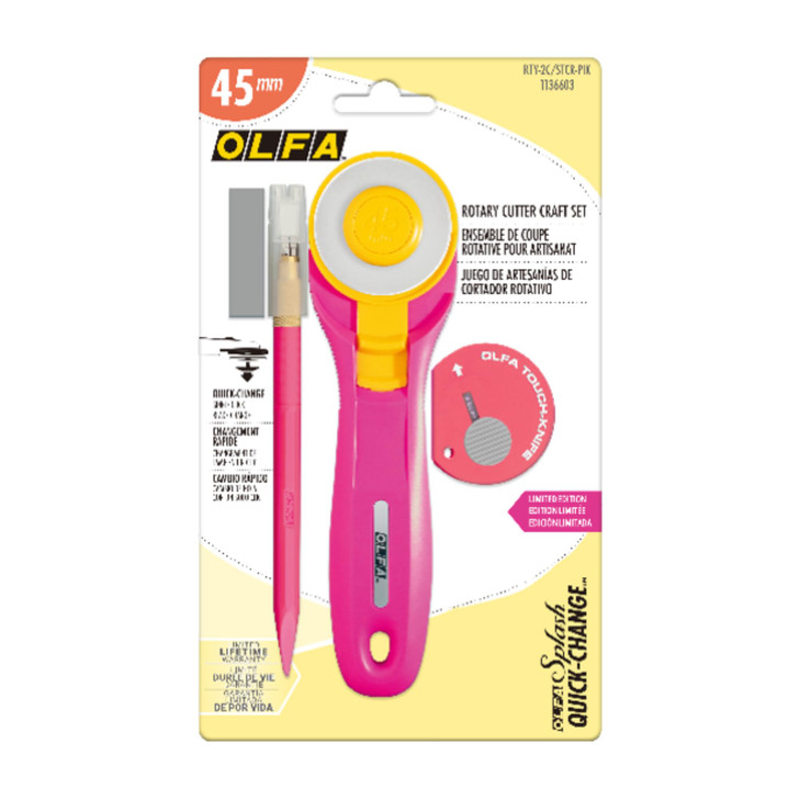 OLFA Rotary Cutter Craft Set - 45mm RTY-2C/AK-5/TK-4/PIK Combo Pack Quick-Change with Art and Touch Knife, Pink