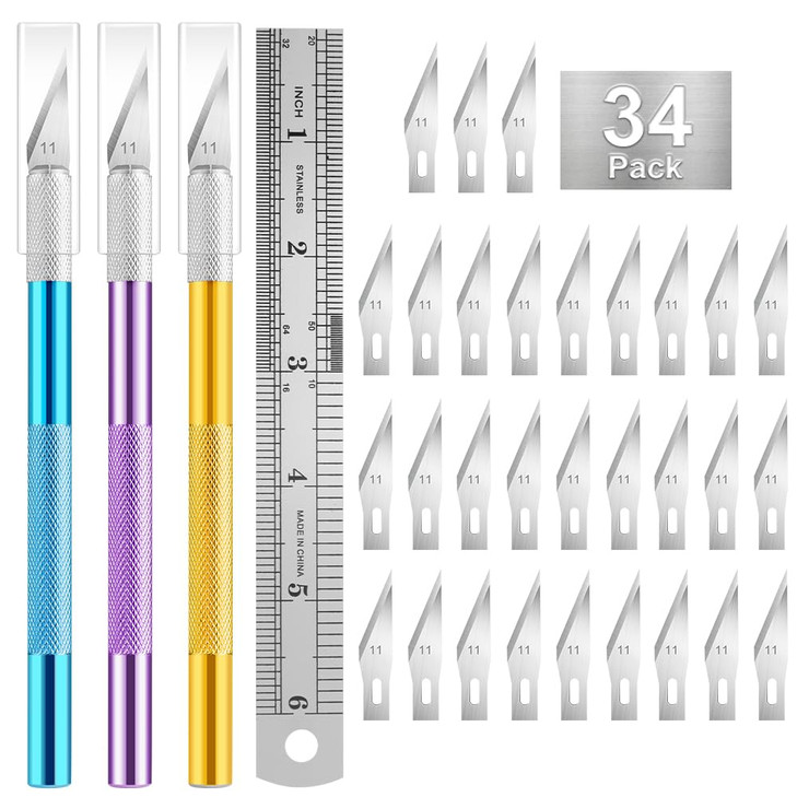 3PCS Craft Knife Hobby Knife Includes 30PCS Spare Exacto Knife Blades #11 and A Ruler, HEADLEY TOOLS Precision Exacto Knife Set Ideal for Crafting, S