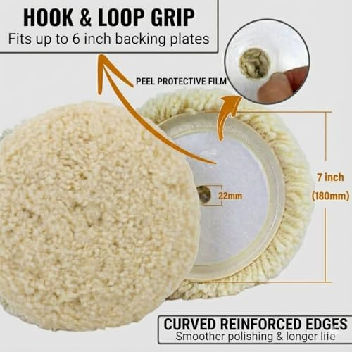 Woolous Wool Buffing Pad, 7 Inch 100% Natural Lambswool Polishing Pad Bonnet Hook and Loop for Car and Boat Polishing, Cutting and Detailing
