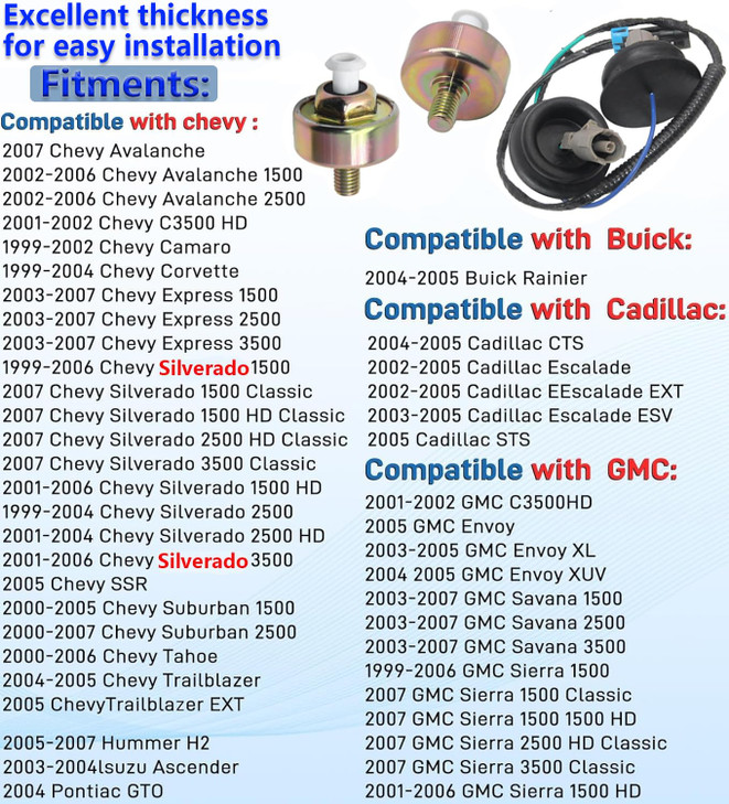 Knock Sensors Wiring Harness Kit for Chevy Suburban Silverado Avalanche Tahoe Camaro GMC Sierra Yukon, for Hummer & More GM Vehicles 5.3 4.8 6.0L 126