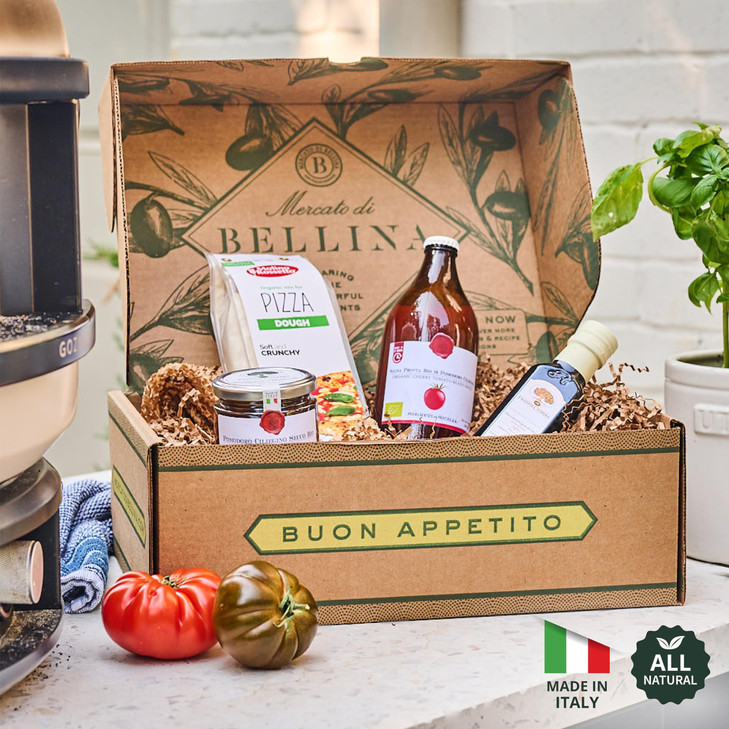 Mercato di Bellina Organic Pizza Kit Gift Basket - Authentic Homemade Pizza Making Kit for Home Chefs, Italian Gift Basket Includes Organic Crust Mix