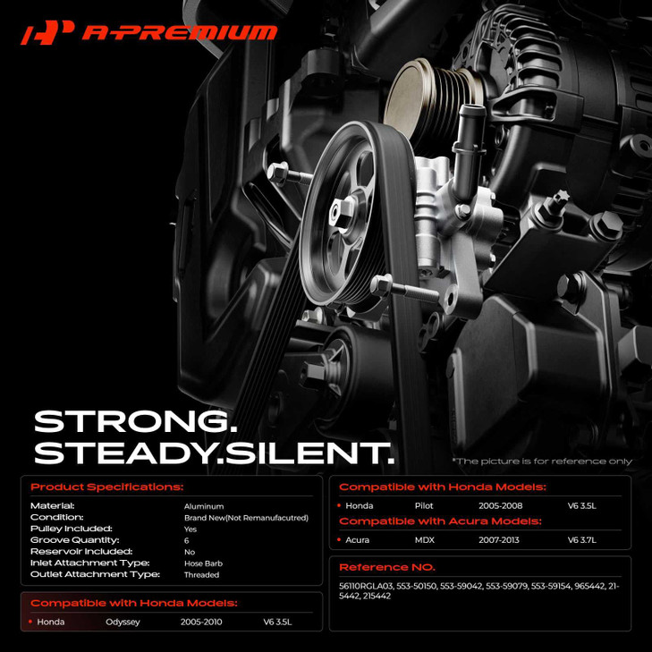 A-Premium Power Steering Pump with Pulley Compatible with Honda Odyssey 2005-2010, Pilot 2005-2008 & Acura MDX 2007-2013, V6 3.5L 3.7L, Replace # 561