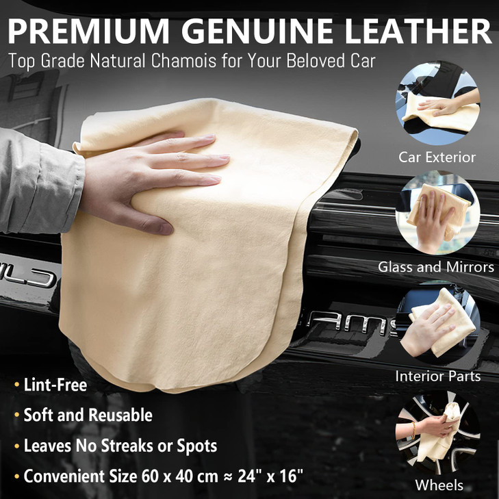 Chamois Cloth for Car 2 Pack Shammy Towel 24'' x 16'' (2.58 sq ft Each) Super Absorbent Car Drying Towel Real Leather Lint Free Streak Free for Car W