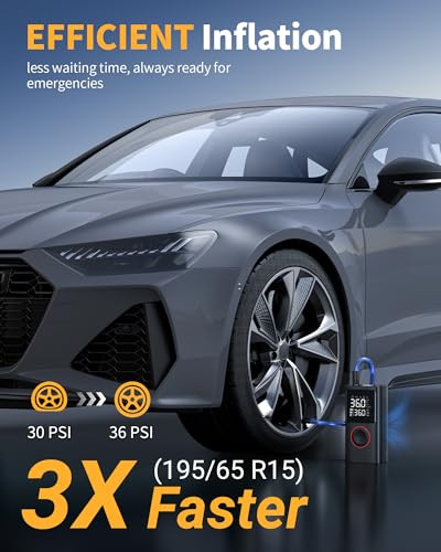 Powools Tire Inflator Portable Air Compressor, 150 PSI Cordless Bike Pump, Air Pump for Auto, Motorcycle, Bicycle, Balls with Pressure Gauge, LED Lig