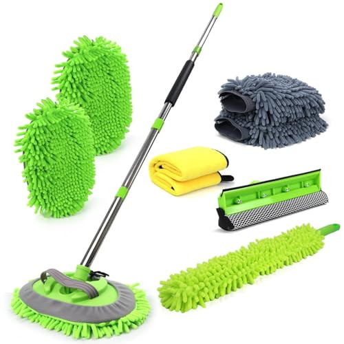 62'' Car Wash Brush with Long Handle Car Wash Mop Mitt Chenille Car Cleaning Kits Windshield Window Squeegee Car Duster Microfiber Towel Gloves for C