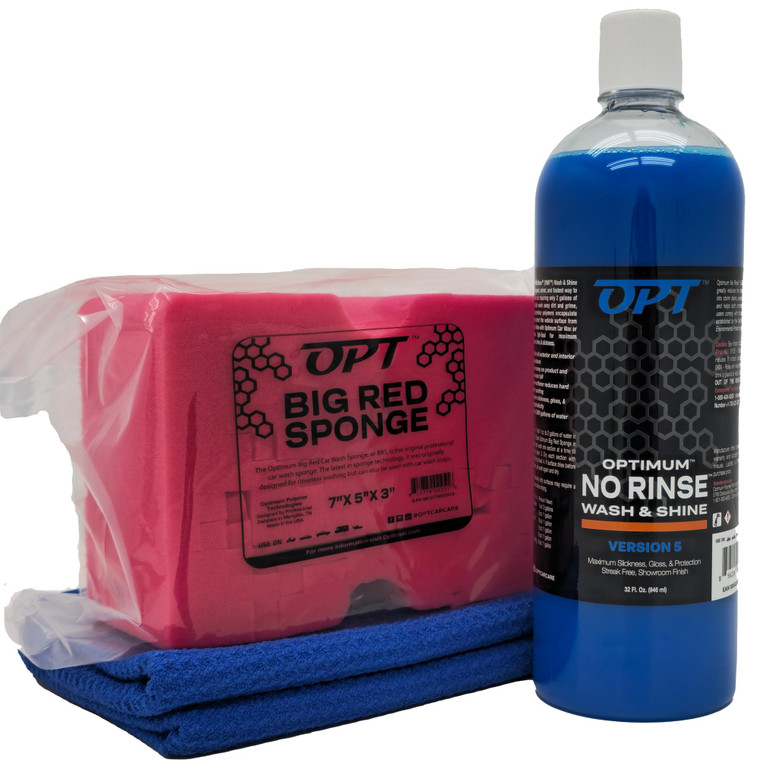 Optimum No Rinse Version 5 (32 Oz), Microfiber Drying Towel, and Big Red Sponge (BRS) Car Cleaning Kit, ONR Rinseless Car Wash, Drying Towel, and Was