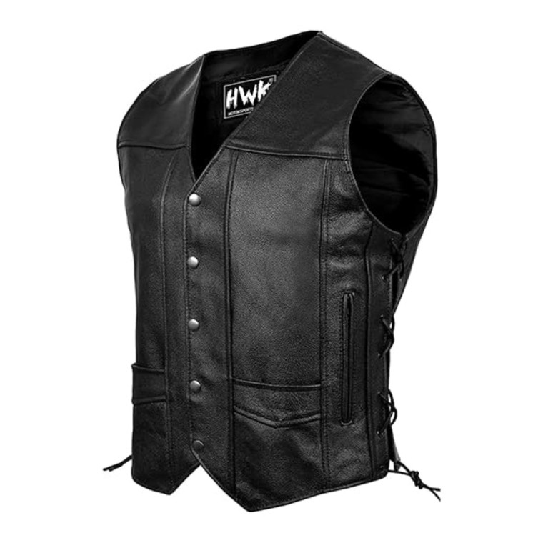 HWK Leather Motorcycle Vest for Men and Women with Concealed Carry Pocket, Black Genuine Leather Vest with 100% Polyester Lining for All-Weather Endu