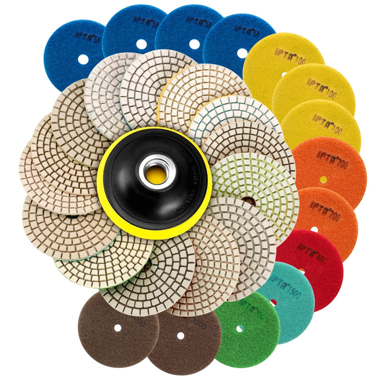 SPTA 15pcs Diamond Wet Polishing Pads Set, 4 inch, White, 50#-6000#, For Granite, Concrete, Marble, Stone, Tiles, With Floor Grinder or Polisher