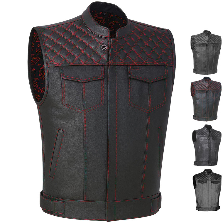 Jackets 4 Bikes SOA Men's Motorcycle Vest, Geniune Buffalo Leather, Back Armor, Inside Pockets, Motorbike Riding Club Vests Paisley Red L
