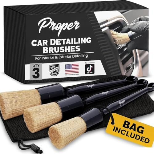 Premium Car Detailing Brush Set - Professional 3 Pack Kit Detail Brushes with Soft Boars Hair Bristles for Auto Interior & Exterior - for Cleaning Le