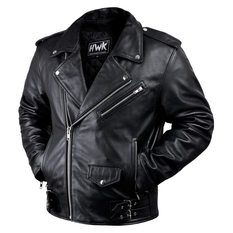 HWK Brando Leather Motorcycle Jacket for Men, Ultra Comfy Vintage Style Genuine Black Leather Jacket with CE Armor and Thermal Lining, Water Resistan