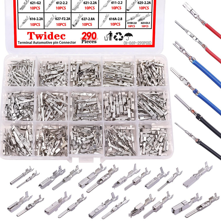 Twidec/290PCS Car Electrical Wire Terminal Pins Connector 1/1.5/1.8/2.2/2.8/3.5mm 21Type Connector Pins Terminal Auto Electric Connector Non-Insulate