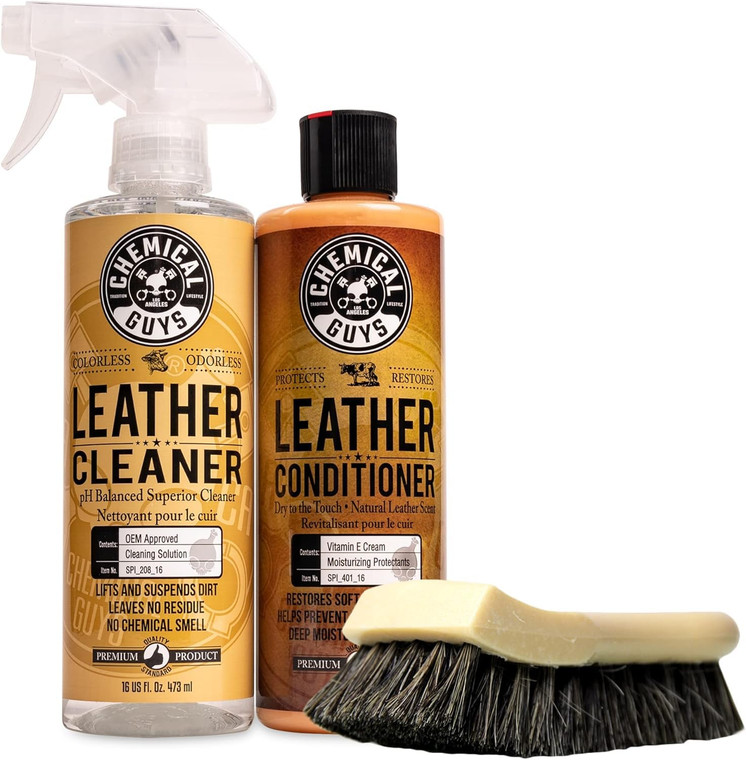 Chemical Guys SPI410 Leather Cleaner and Conditioner Bundle with ACC_S95 Long Bristle Horse Hair Leather Cleaning Brush, Safe for Car, Home, Office,