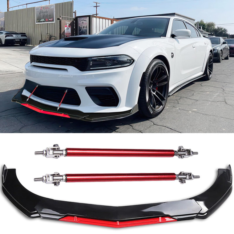 DREAMOTOR Universal Car Front Bumper Lip + 2PCS 8"-11" Adjustable Splitter Rods front lip Spoiler Splitter Body Kit Compatible with Dodge Charger Nis