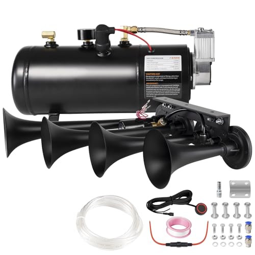 AOLIHAN Super Loud Train Horns Kit,180dB Four Trumpet Truck Horns with 150 PSI Air Tank,12V Air horn with 0.8 gallon Air Compressor Can for Truck, Je