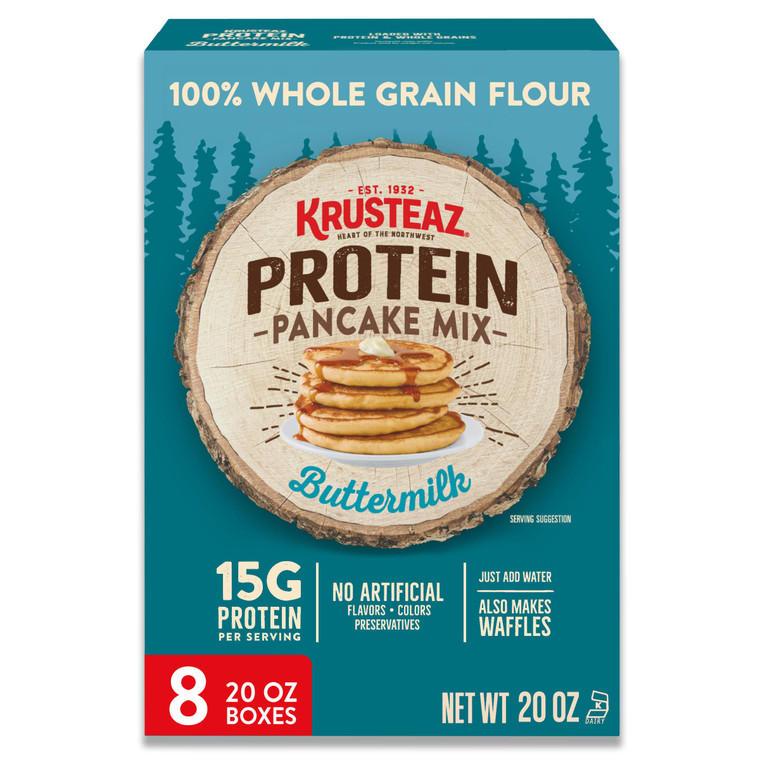 Krusteaz Protein Buttermilk Pancake and Waffle Mix, 15g Protein Per Serving, 20 oz Boxes (Pack of 8)