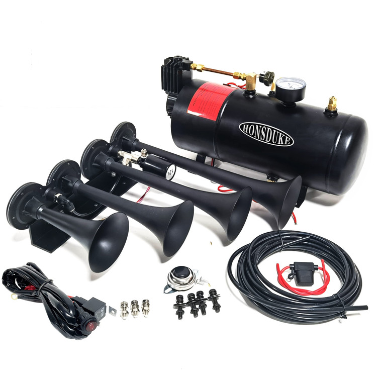 HONSDUKE 3 Liter Train Horn Kit for Trucks/Car/Semi. Complete Onboard System of 150psi Air Compressor, 1 Gallon Tank, 4 Trumpets. Super Loud dB. Fits