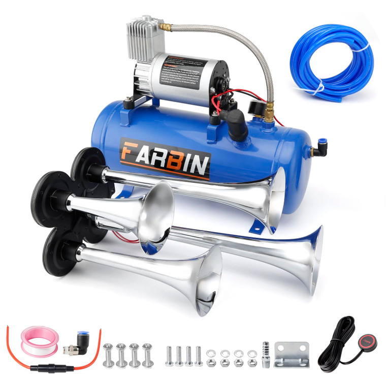 FARBIN Train Horn for Truck 178DB Super Loud Air Horns 4 Trumpet Horns Kit with 150 PSI 12V Air Compressor 6L Air Tank for Truck Car Jeep SUV Train B