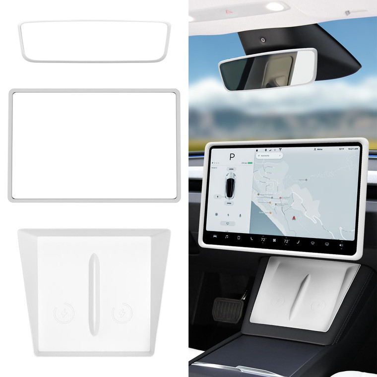 Farmogo for Tesla Model 3 Accessories 2024 2026 & Model Y Juniper 20252026 3-Piece White Silicone Console Mat Set, Screen & Mirror Frame Protectors