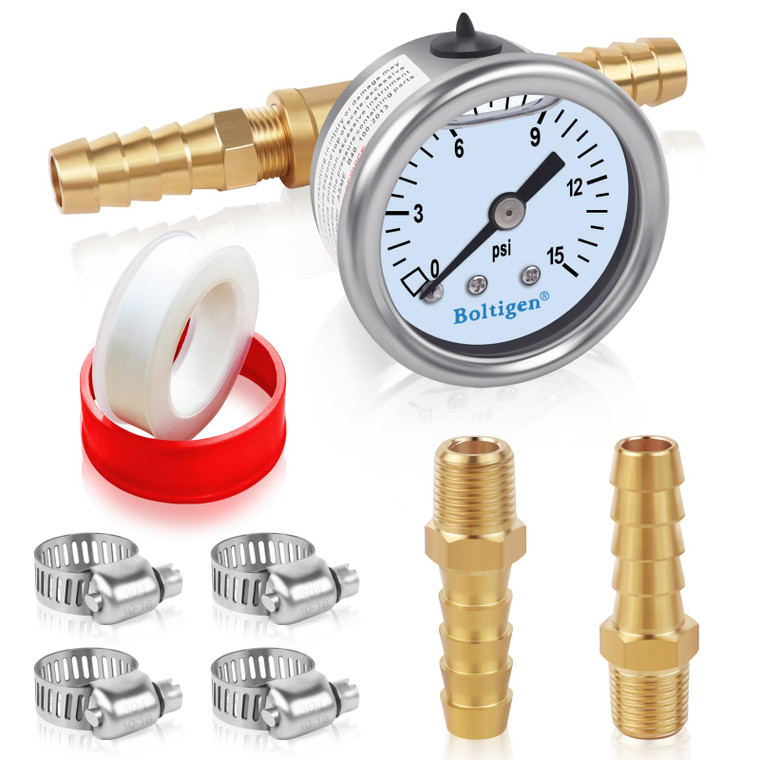 Boltigen Fuel Pressure Gauge, 0-15psi Fuel Pressure Gauge Kit, Glycerin Filled Fuel Pressure Regulator with Gauge for Car, 1/8'' NPT Inline Fuel Pres