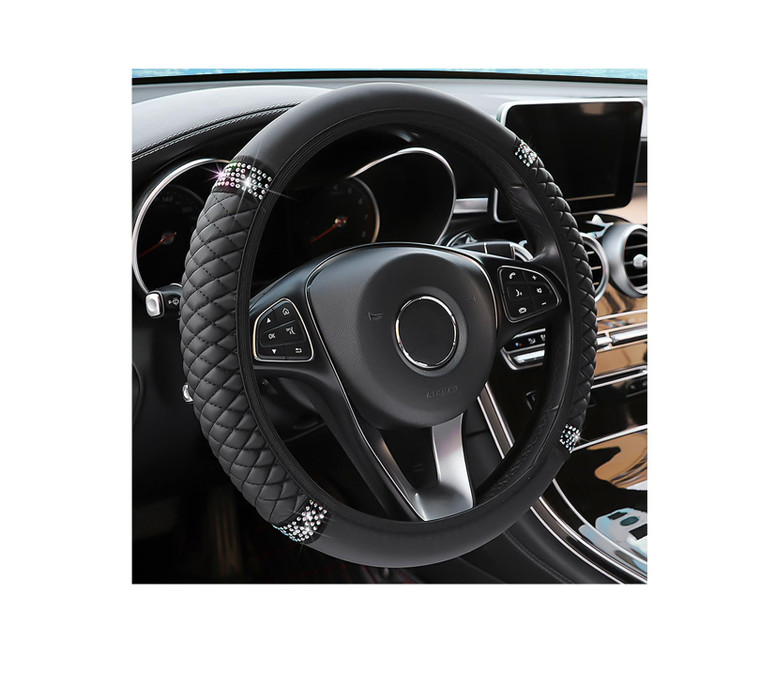 Bling Soft Leather Steering Wheel Cover, 15 Inch Colorful Rhinestones Auto Elastic Steering Wheel Protector, Sparkly Crystal Diamond for Women Girls,