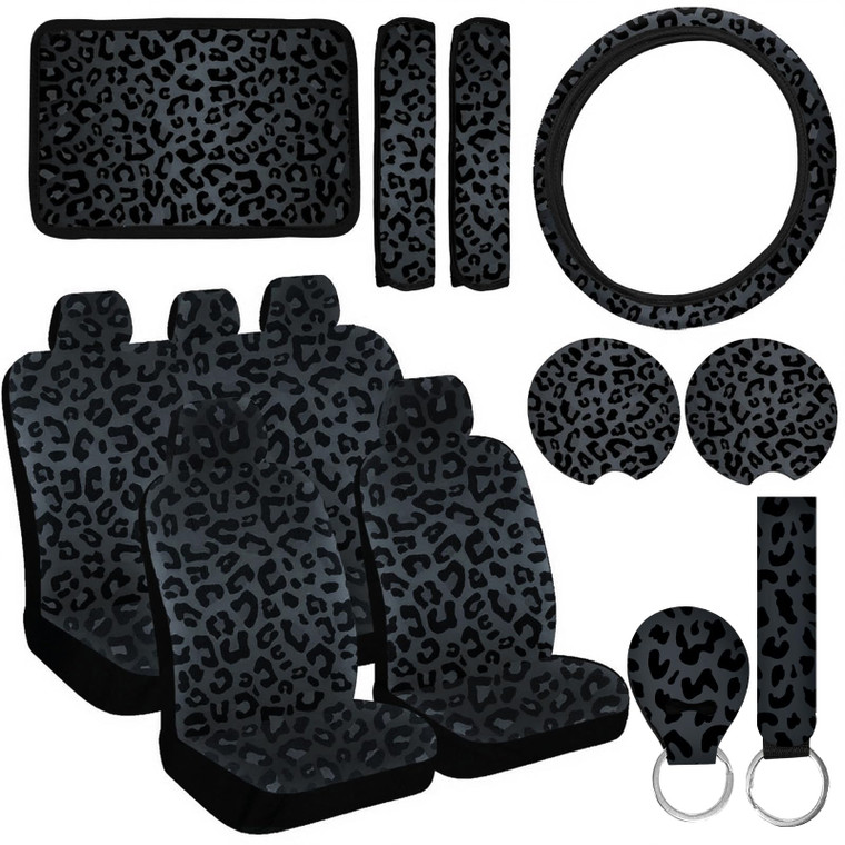 JINGSEN 15 Pcs Black Leopard Print Printing Car Steering Wheel Cover Center Console Armrest Pad Headrest Seat Belt Cover Handbrake Cover Keychain Coa