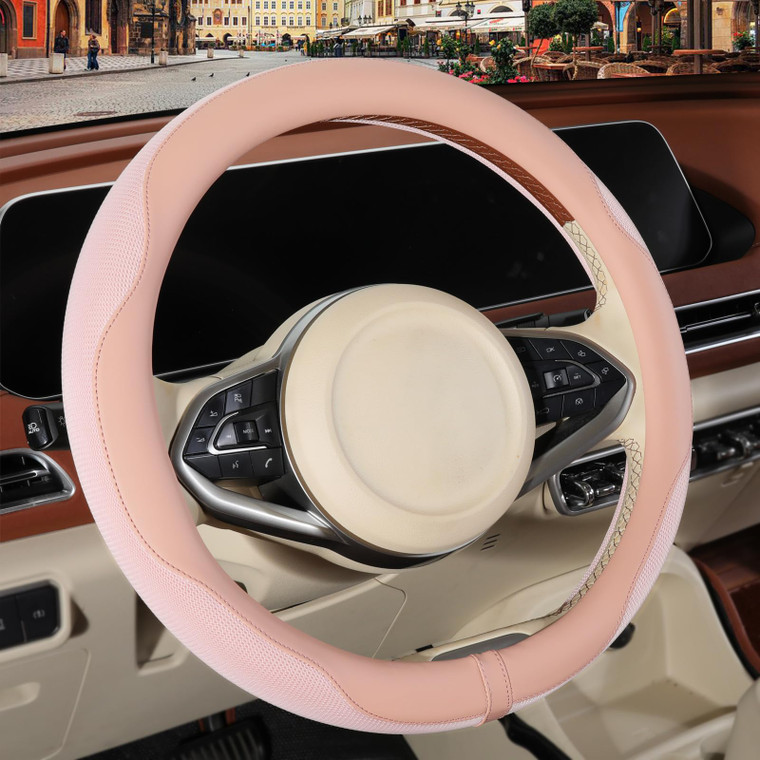 Binsheo Nappa Leather Pink Steering Wheel Cover, Advanced Microfiber Leather Non-Slip Breathable Fabric, Warm in Winter and Cool in Summer, Universal
