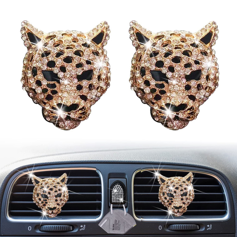 2 Pcs Bling Leopard Air Vent Clips, Crystal Leopard Car Air Fresheners Vent Clips Car Diffuser Vent Clip Rhinestone Decoration Interior Decor Diamond