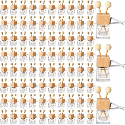 Zubebe 100 Pcs Car Diffuser Bottles Empty Bulk Vent Clip Car Air Freshener Diffuser for Essential Oil Perfume Glass Bottle with Wooden Caps Stick Fra