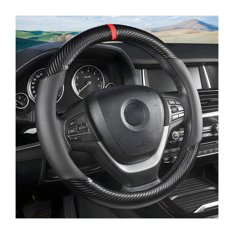 Moly Magnolia Carbon Fiber Steering Wheel Cover, Universal 15 inch Breathable Anti Slip, Black, Leather & Carbon Fiber, Truck & SUV, Automotive Steer