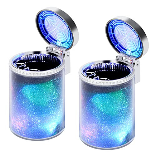 AUSZUOI Car Ashtray (2-Pack), Auto Ashtray With LED Light, Mini Car Trash Can, Portable Lid, for Car cup holder, Home , Office and Travel(Silver)