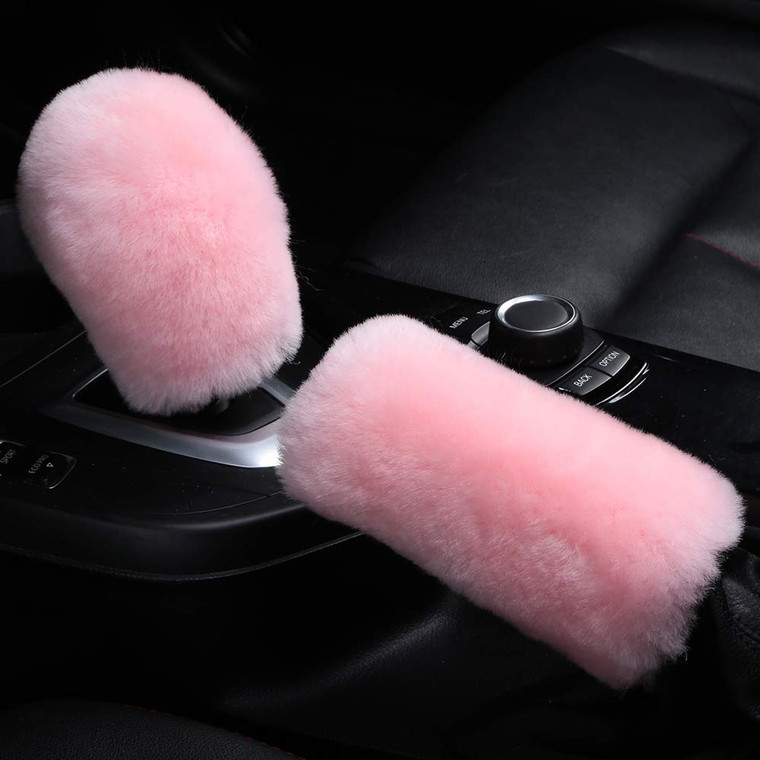 OGLAND Fuzzy Sheepskin Gear Shift Knob Cover| Cute Pink Car Shifter Cover for Women & Men | Protects Hands from Extreme Temperatures | Handle Level S